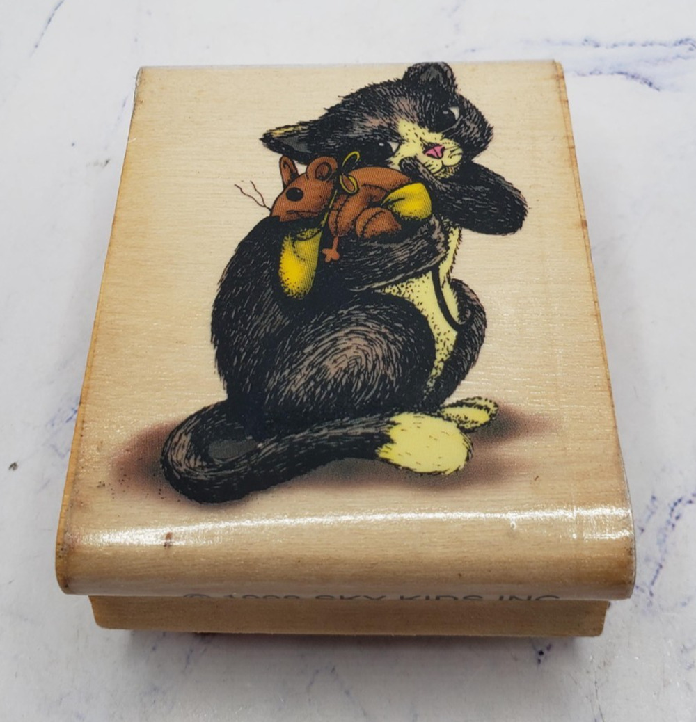 Kitty Cat Holding Stuffed Toy Mouse Sky Kids Wood Mounted Rubber Stamp
